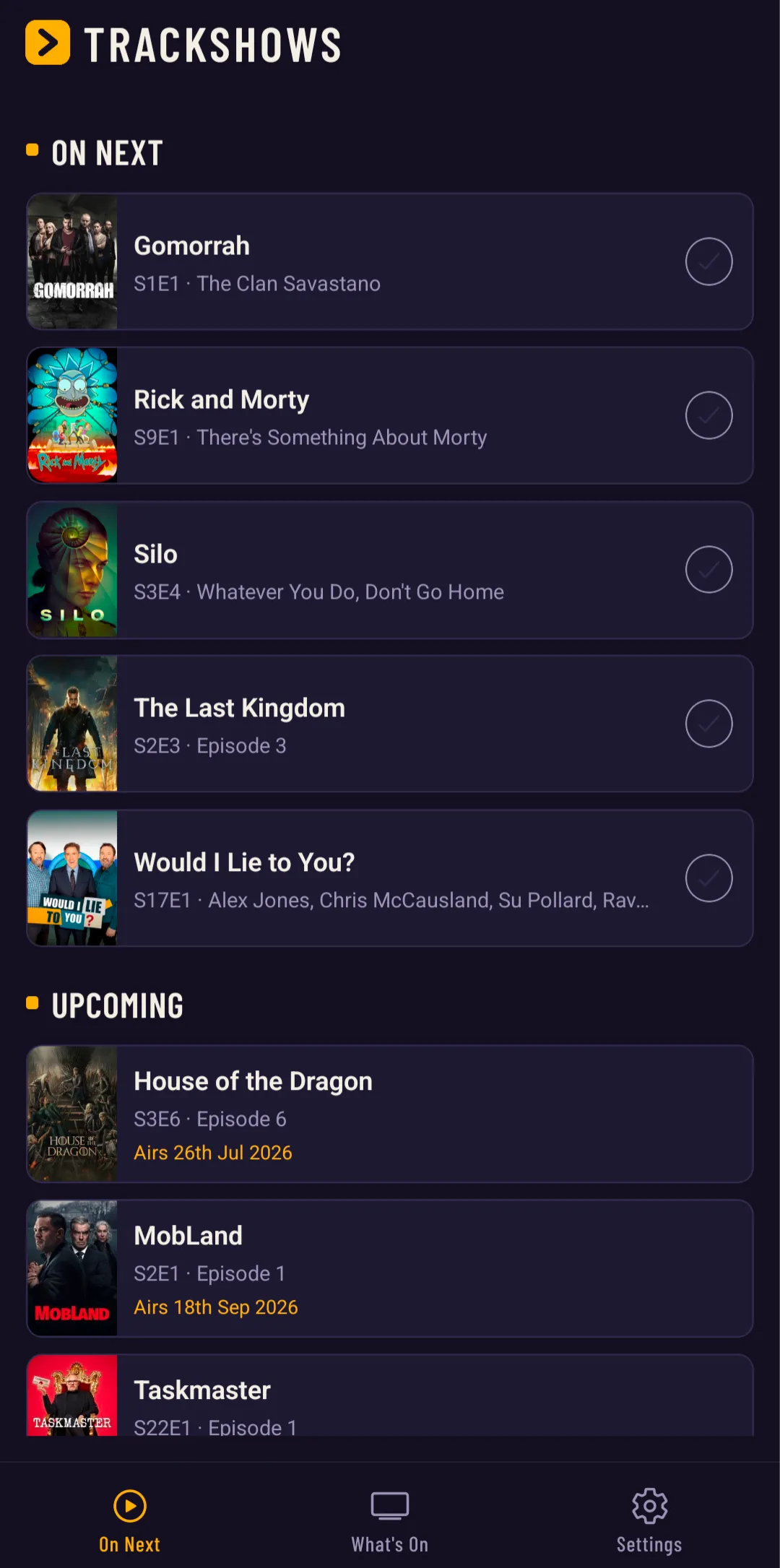 The TrackShows On Next screen, listing the next unwatched episode of every followed show with upcoming air dates